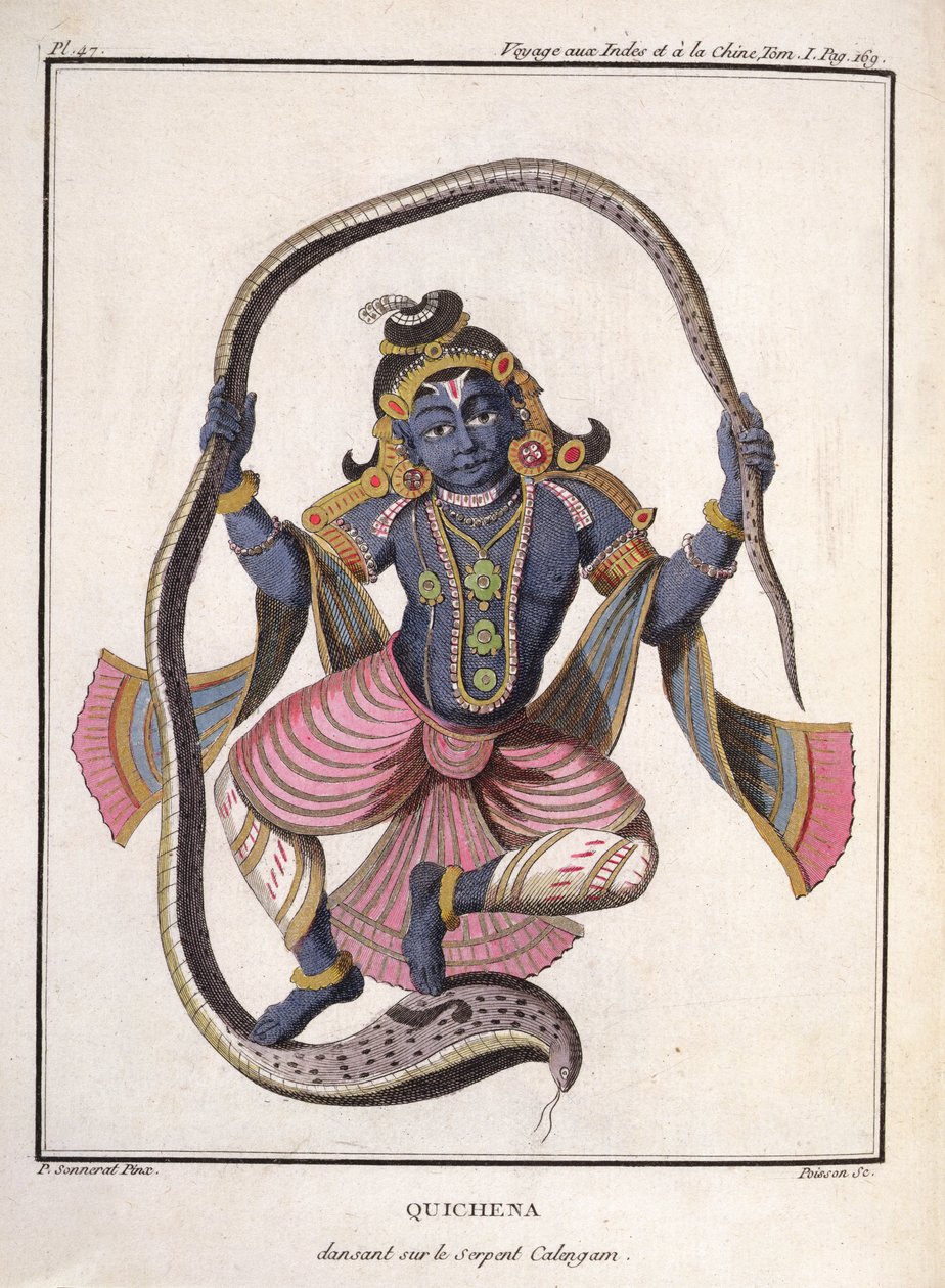 पियरे सोनारट द्वारा &39;जर्नी टू इंडिया एंड चाइना&39; से कालिया नाग पर कृष्ण नृत्य, पोइसन द्वारा उत्कीर्ण, 1782 में प्रकाशित द्वारा पियरे सोनारत
