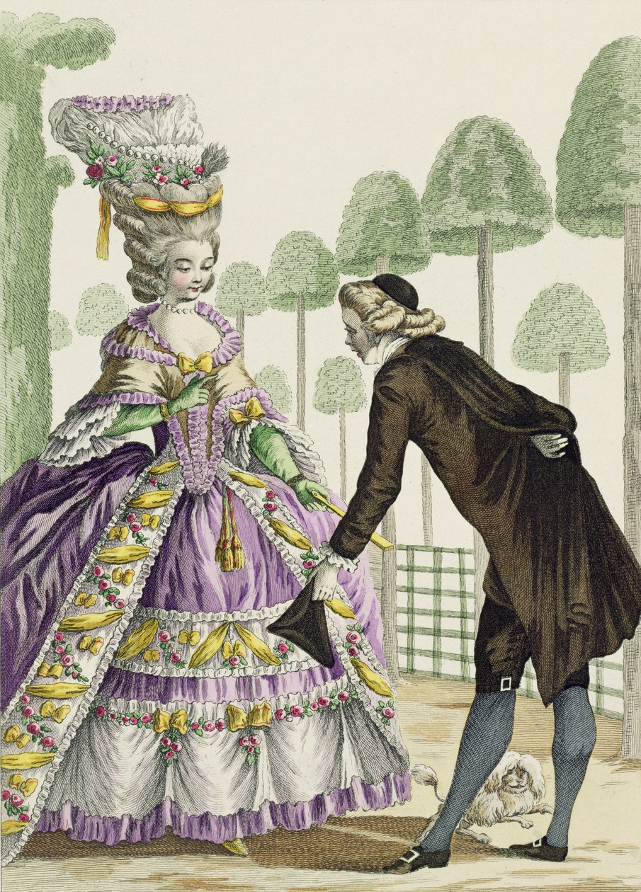 पालिस रॉयल के गार्डन में एक बकाइन ड्रेस प्रोमेनेड्स में लेडी, &39;गैलीरी डेस मोड्स एट कॉस्ट्यूम्स फ्रेंकिस&39; से प्लेट 13, एटिने क्लाउड वॉयसर्ड (1746-1812) 1778 द्वारा उकेरी गई द्वारा पियरे थॉमस ले क्लर्क