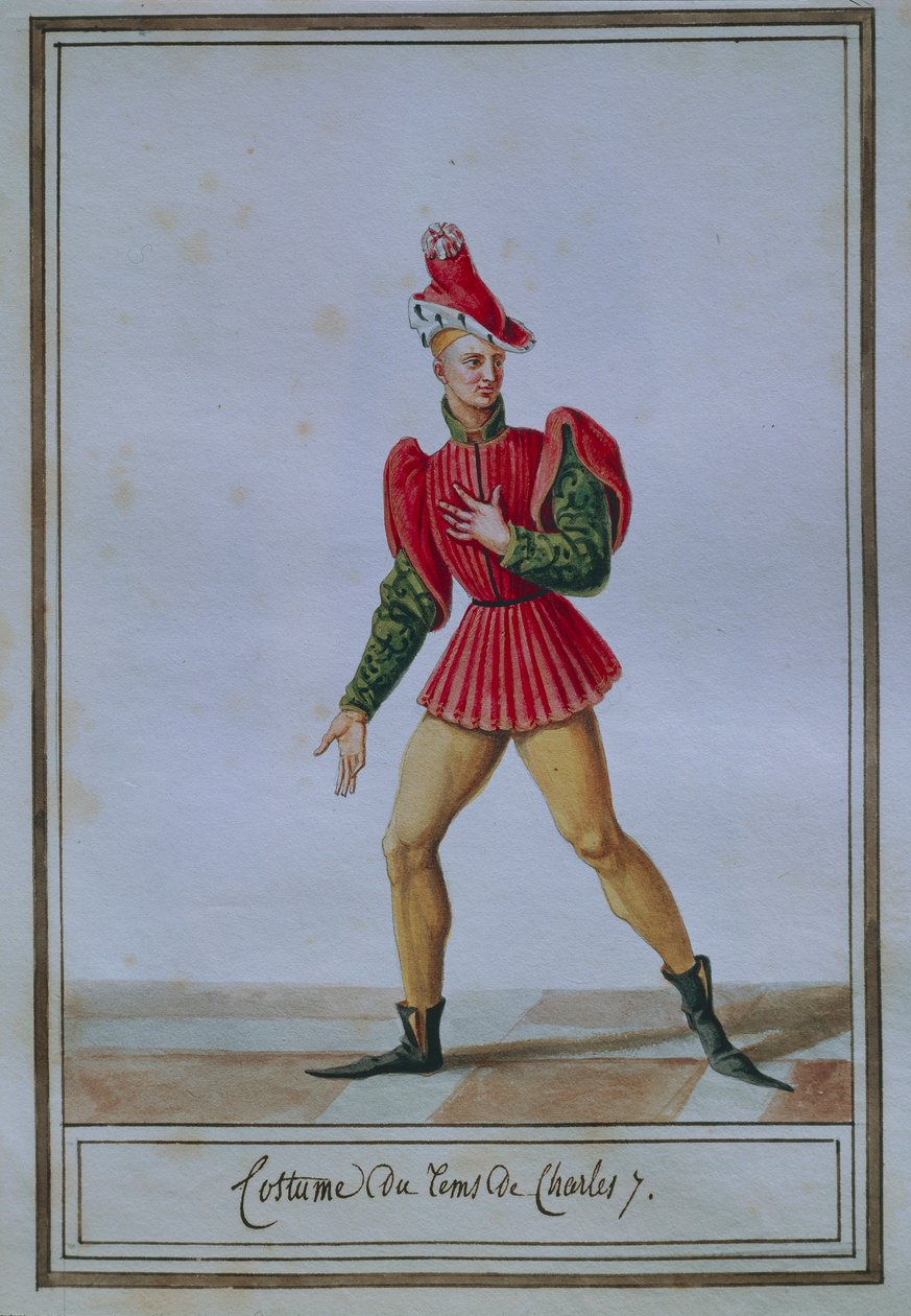 पियरे एंटोनी लेबौक्स डी ला मेसांगेरे (1761-1831), वॉटरकलर द्वारा चार्ल्स VII (1403-1461) के समय की पोशाक को दर्शाती पुरुषों की फैशन प्लेट द्वारा पियरे डे ला मेसांगेरे