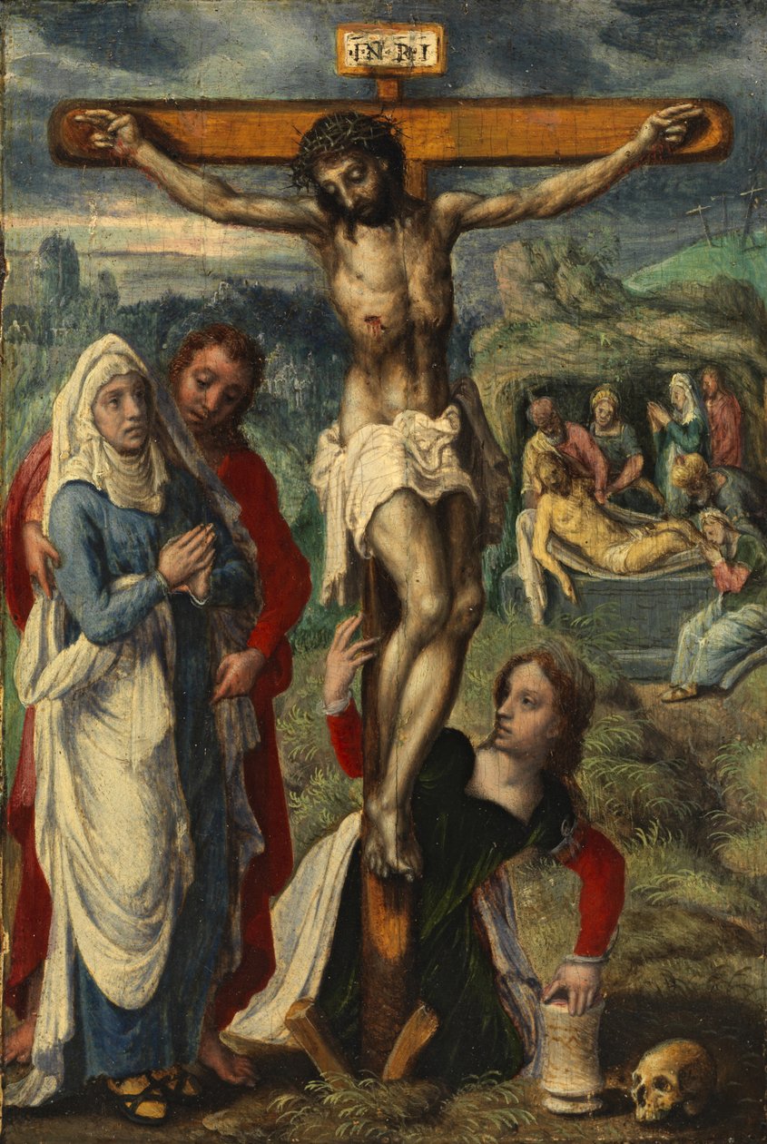 क्रॉस पर मसीह, पृष्ठभूमि में Entombment के साथ, c.1530 द्वारा पीटर एर्टसन