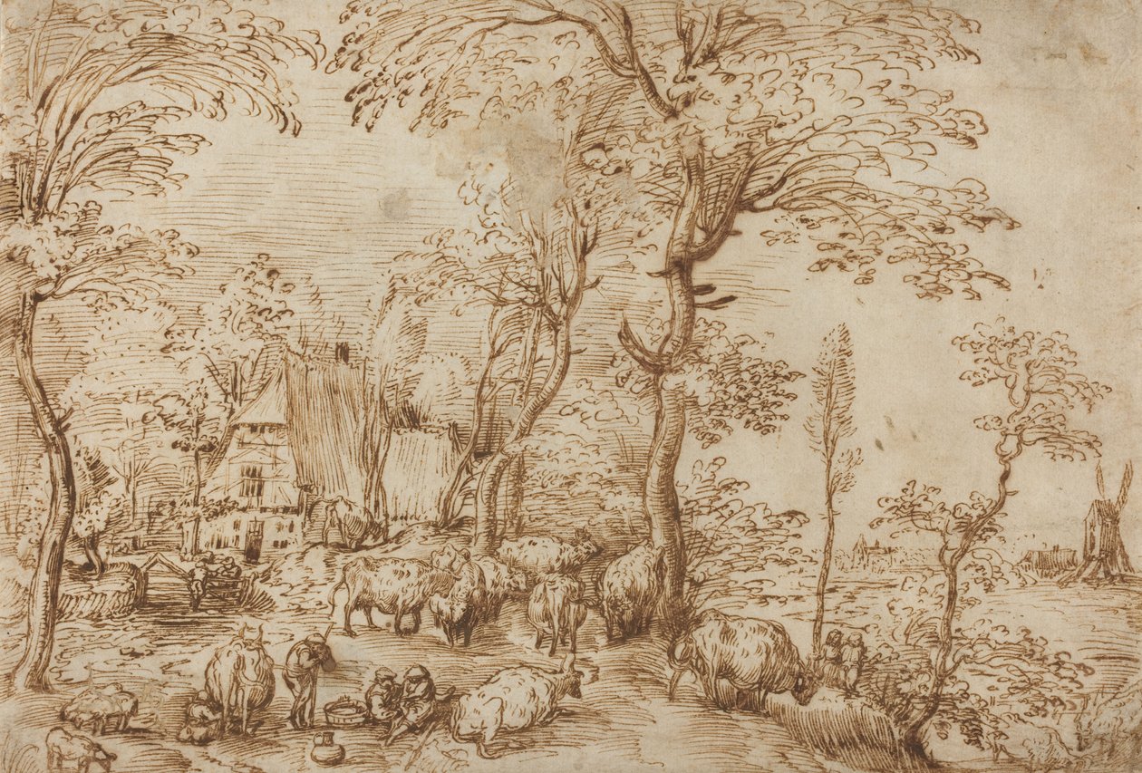फार्महाउस के पास किसान और मवेशी, c.1553-54 (कागज पर कलम और भूरी स्याही) द्वारा पीटर ब्रिगेल द एल्डर