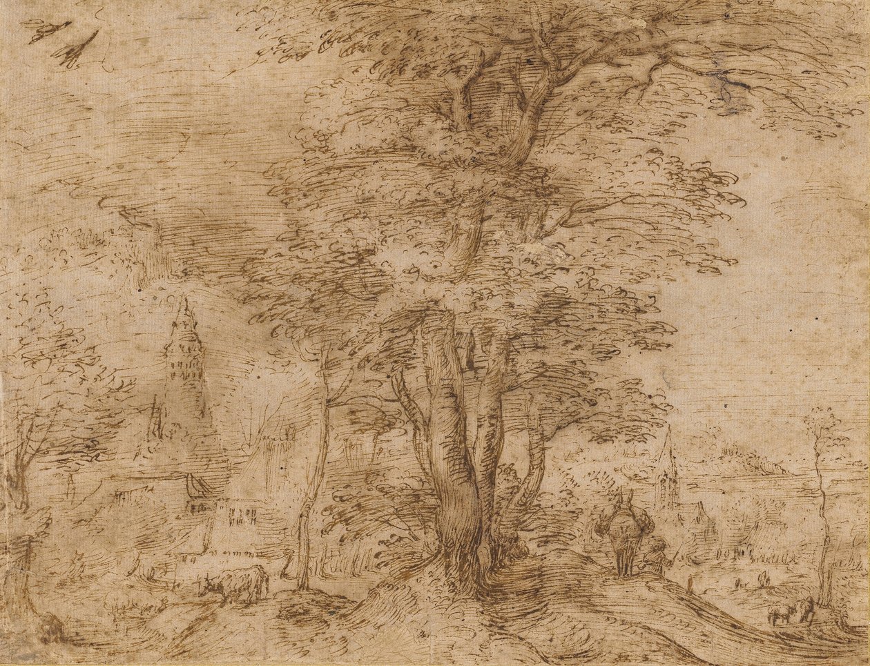पेड़ों का समूह और खच्चर वाला एक गाँव, c.1552-54 द्वारा पीटर ब्रिगेल द एल्डर