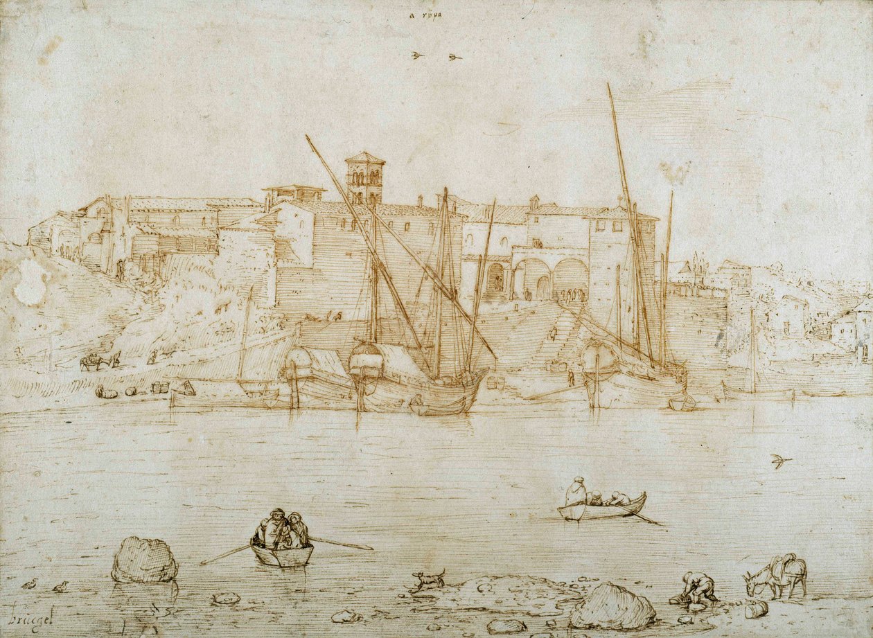 रिपा ग्रांडे, रोम का दृश्य, c.1552 (कागज पर कलम और स्याही) द्वारा पीटर ब्रिगेल द एल्डर