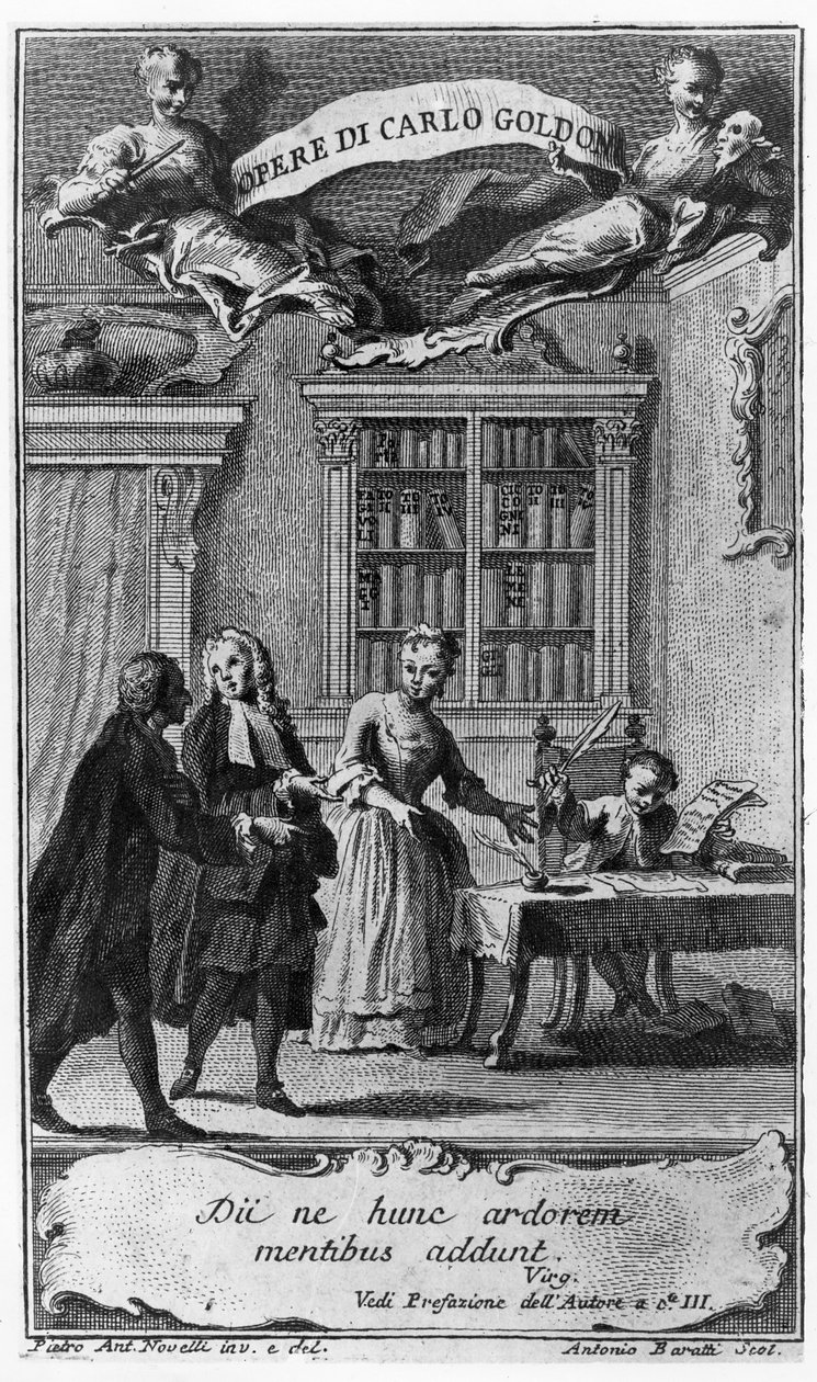 8 साल की उम्र में कार्लो गोल्डोनी, अपनी मां और बर्गमैस्को के मठाधीश की उपस्थिति में अपना पहला टुकड़ा लिखती हैं, जो कि &39;ओपेरे दी कार्लो गोल्डोनी&39; से है, जो कि एंटोनियो बाराति ने 1761 में उकेरा था। द्वारा पिएत्रो नॉवेल्ली