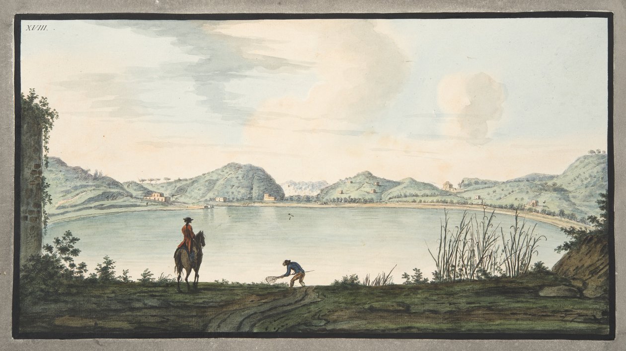 सर विलियम हैमिल्टन (1730-19803) द्वारा प्रकाशित &39;कैंपी फलेग्रेई: अब्जर्वेशन ऑफ द टू सिसली के ज्वालामुखी पर प्रेक्षणों&39; से एग्नानो झील, एक प्राचीन ज्वालामुखी, प्लेट XVIII का गड्ढा। द्वारा पिएत्रो फैब्रिस