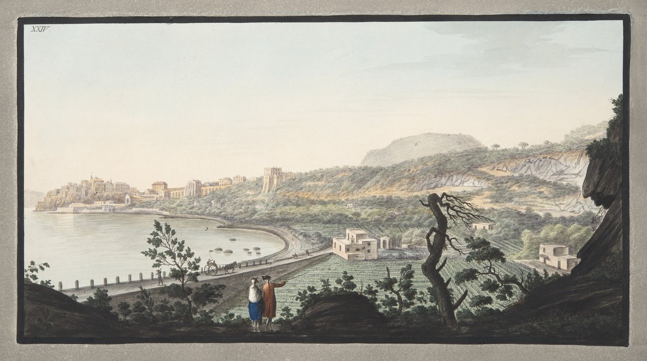 सर विलियम हेमिल्टन (1730-1803) द्वारा प्रकाशित, 1776 में प्रकाशित &39;कैम्पी फील्ग्रेई: ऑब्जर्वेशन ऑफ द टू सिसिलेयन्स&39; से प्लेट XIII, प्लेट XXIV में दर्शाए गए स्थान से लिया गया पूज़ोली का दृश्य द्वारा पिएत्रो फैब्रिस