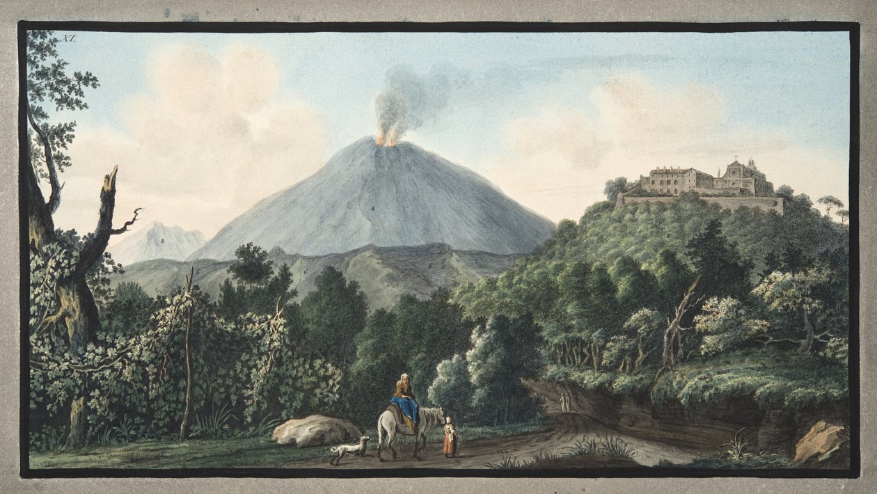 मोंटे एस। एंजेलो का दृश्य, जिस पर सर विलियम हैमिल्टन (1730-1803) द्वारा &39;कैम्प्ली फलेग्रेई: ऑब्जर्वेशन ऑफ द टू सिचाइलीज&39; के अवलोकन से कैमलडोफी मोंक्स, प्लेट इलेवन का एक सम्मेलन होता है, द्वारा पिएत्रो फैब्रिस