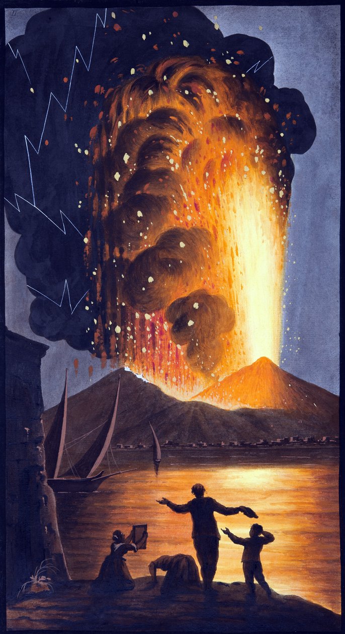 माउंट वेसुवियस के महान विस्फोट का दृश्य रविवार की रात 8 अगस्त 1779 को पोसिलीपो में उनके सिसिलियन मजिस्टीज़ पैलेस से, &39;कैम्पी फलेग्रेई: अवलोकेशन ऑफ द टू वेसिल्लीज द्वारा पिएत्रो फैब्रिस