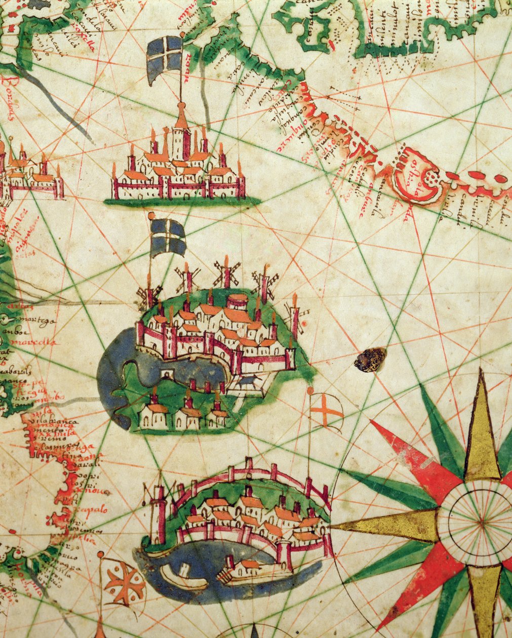 मार्सिले और जेनोआ के शहर अपने बंदरगाहों के साथ, एक समुद्री एटलस, 1651 (वेल्लम पर स्याही) (330919 से विस्तार) द्वारा पिएत्रो जियोवानी प्रून्स