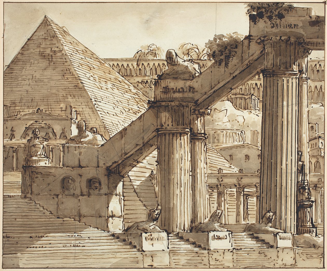 मिस्र स्टेज डिजाइन, 1800-10 (कलम और भूरे रंग के स्याही पर ग्रेफाइट ओवर ग्रेफाइट के साथ रखी कागज पर) द्वारा पिएत्रो गोंजागा