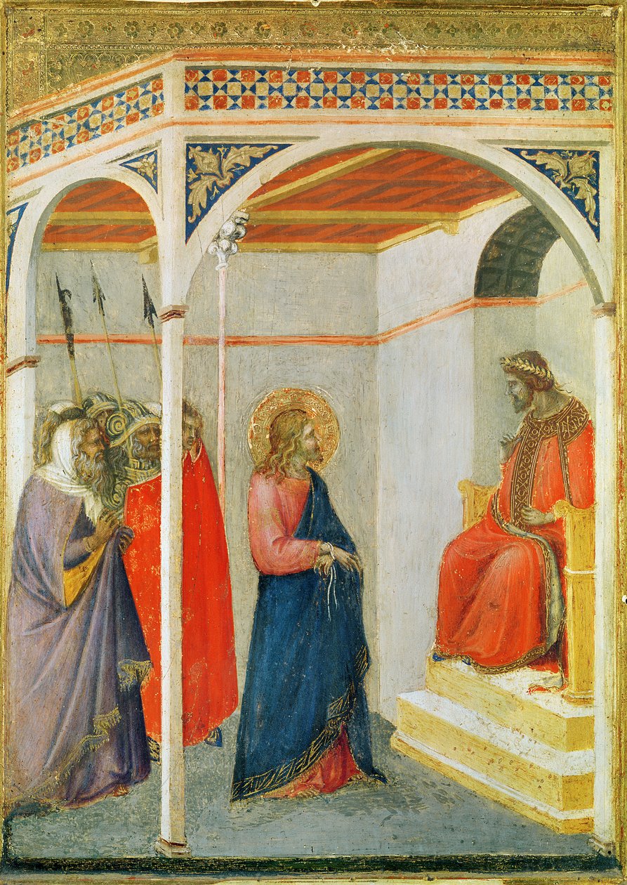पोंटियस पिलाटे से पहले मसीह, c.1335 (लकड़ी पर तड़का और सोने की पत्ती) द्वारा पिएत्रो लोरेंजेट्टी