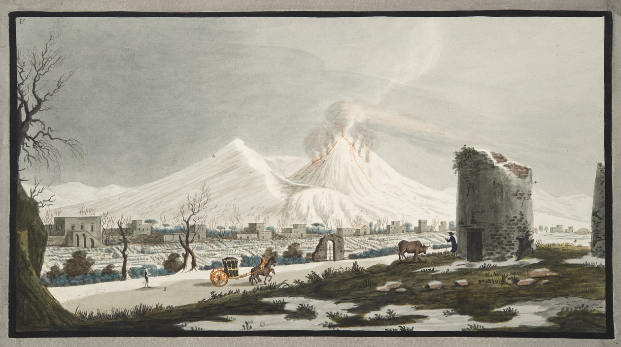 सर विलियम हैमिल्टन (1730-1803) द्वारा 1776 में प्रकाशित स्नो में वेसुवियस, &39;कैम्पी फलेग्रेई: ऑब्जर्वेशन ऑफ द टू सिसलीज&39; से प्लेट वी। द्वारा पिएत्रो फैब्रिस