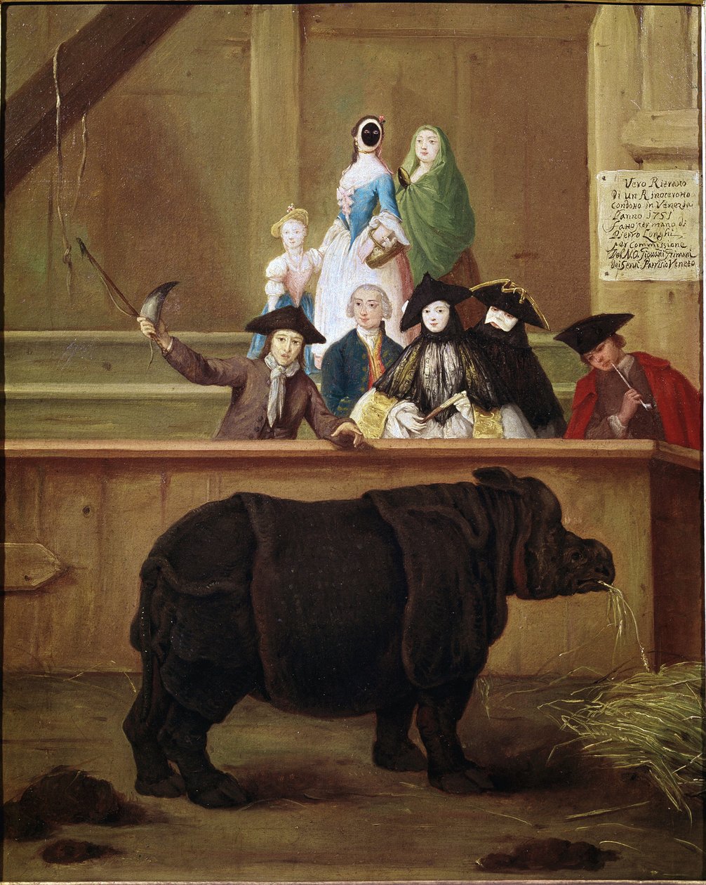 गैंडा: क्लारा, भारतीय गैंडे की प्रदर्शनी। पिएत्रो लोंगी (1702-1785) द्वारा पेंटिंग। १७५१. १८वीं सदी का विनीशियन संग्रहालय। Ca 'Rezzonico, वेनिस। द्वारा पिएत्रो लोंगी