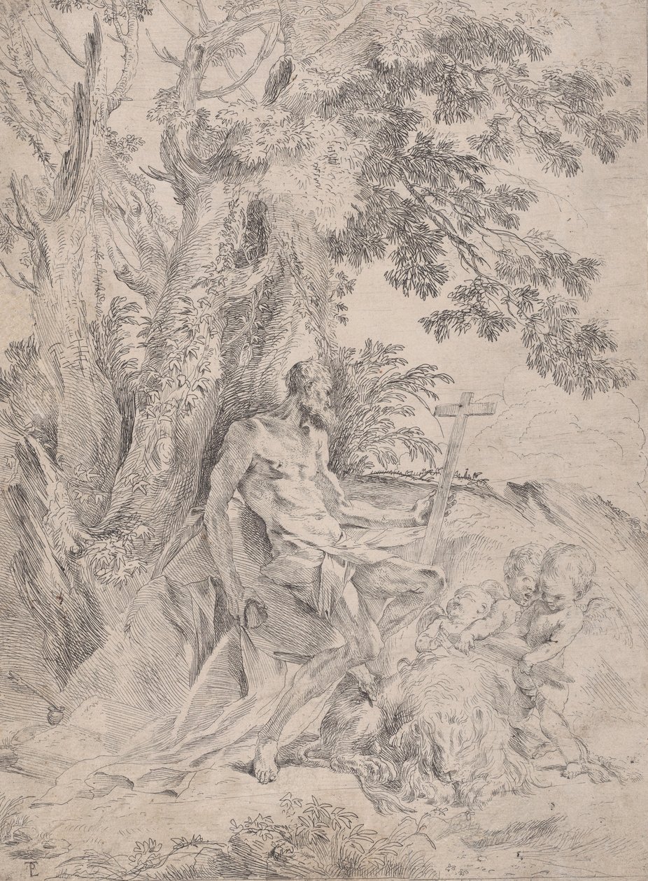 सेंट जेरोम एक सूली पर चढ़ने से पहले एक शेर और तीन पुट्टी के साथ, ca. 1631-37। द्वारा पिएत्रो टेस्टा