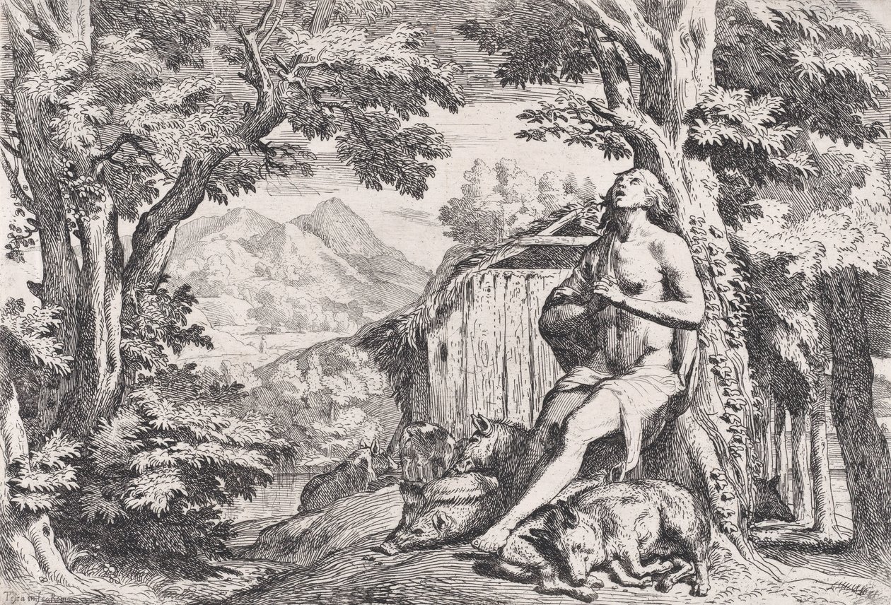 सूअरों के बीच उड़ाऊ पुत्र, चार प्रिंटों की एक श्रृंखला से, लगभग। 1645. द्वारा पिएत्रो टेस्टा