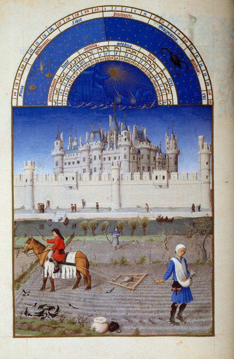 अक्टूबर: बुवाई। जैक्स द ग्रेट (1360-1415/1418) द्वारा "द बुक ऑफ गुड मूर्स" से लिम्बर्ग के पोल के फ्लेमिश लौवर मिनिएचर की पृष्ठभूमि में, जॉन ड्यूक ऑफ बेरी को समर्पित द्वारा पोल डे लिम्बर्ग