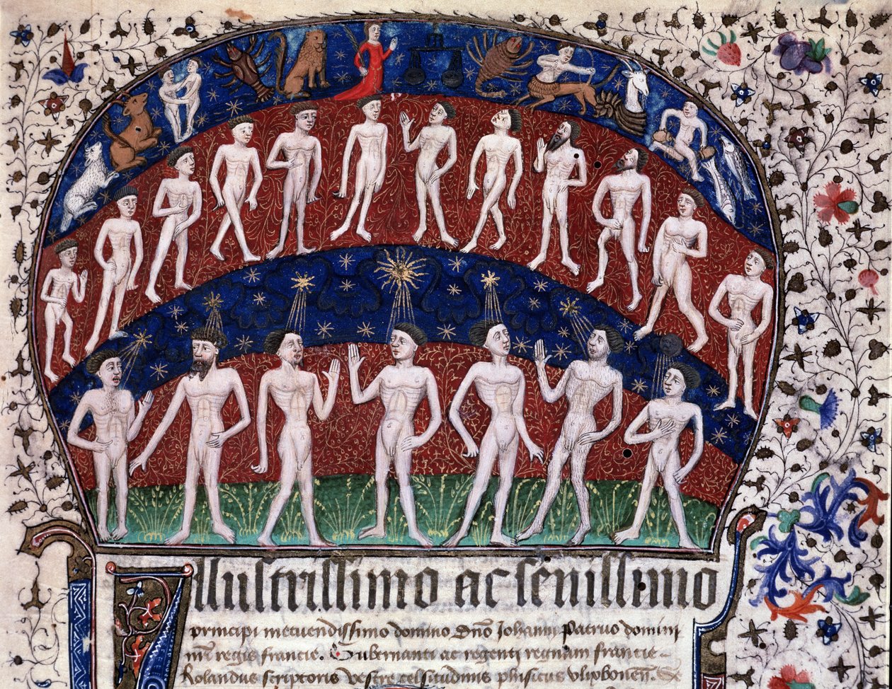 लिस्बन, एमएस 52-XIII-18 f.1r, अंगों और ग्रहों के बीच पत्राचार का प्रतिनिधित्व करने वाले और मूड पर सितारों के प्रभाव, "फिजियोनोमिया रोलंडी उलिक्सबोनेंसिस" से, रैंडस स्क्रिप्टोरिस द्वारा पुर्तगाली स्कूल