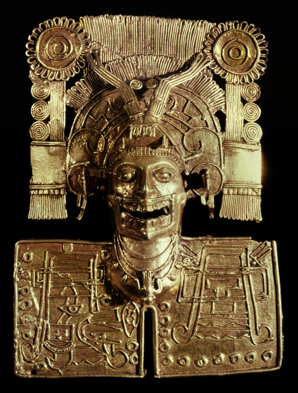 स्तन 7, मोंटे एल्बन, मिक्सटेक, c.1300-1450 (स्वर्ण) से मृत्यु के देवता, मेक्लेन्टेकुहटली का प्रतिनिधित्व करते हैं द्वारा पूर्व कोलंबियन