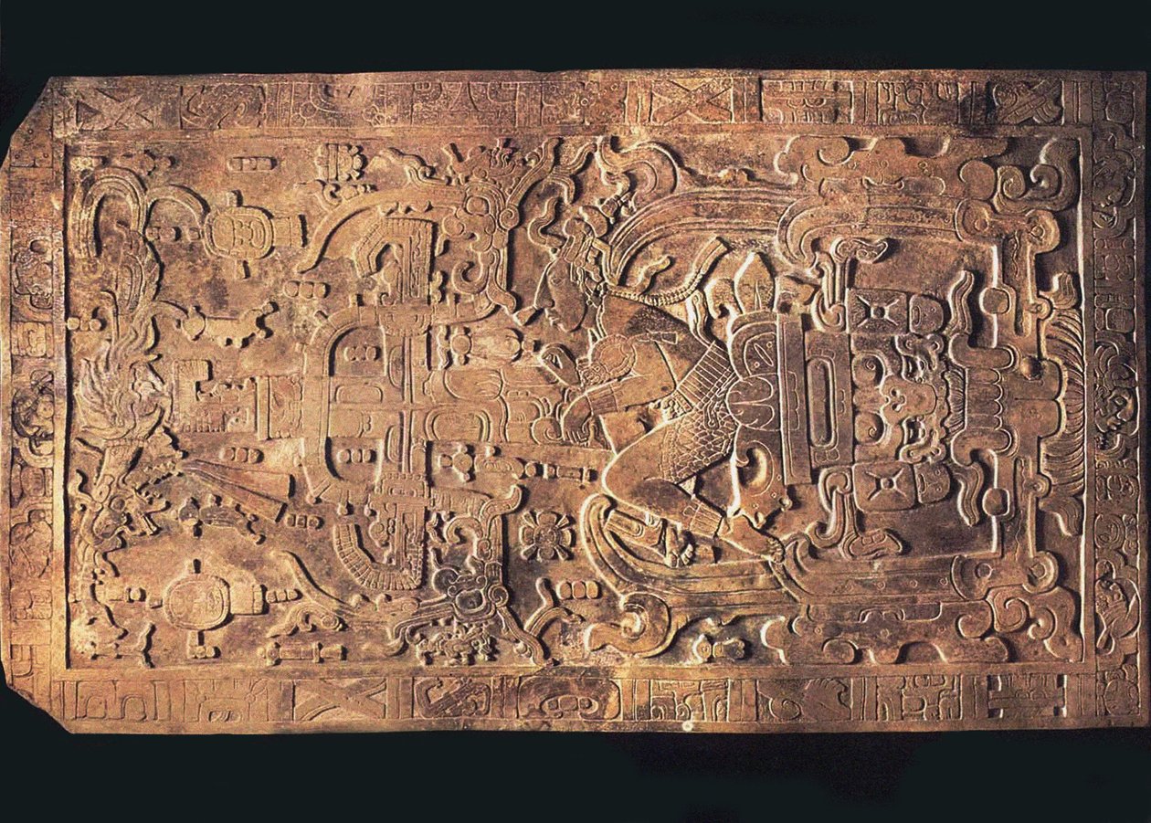 शिलालेख, पैलेन्क, 615-683 के मंदिर से राजा पाकल की कब्र द्वारा पूर्व कोलंबियन कला
