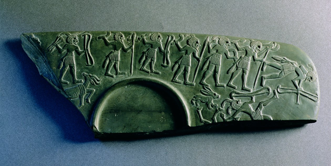 Abydos, c.3300-3100 BC (ग्रेवैक) से शिकार के दृश्य के साथ एक पैलेट का टुकड़ा द्वारा मिस्र का पूर्ववर्ती काल