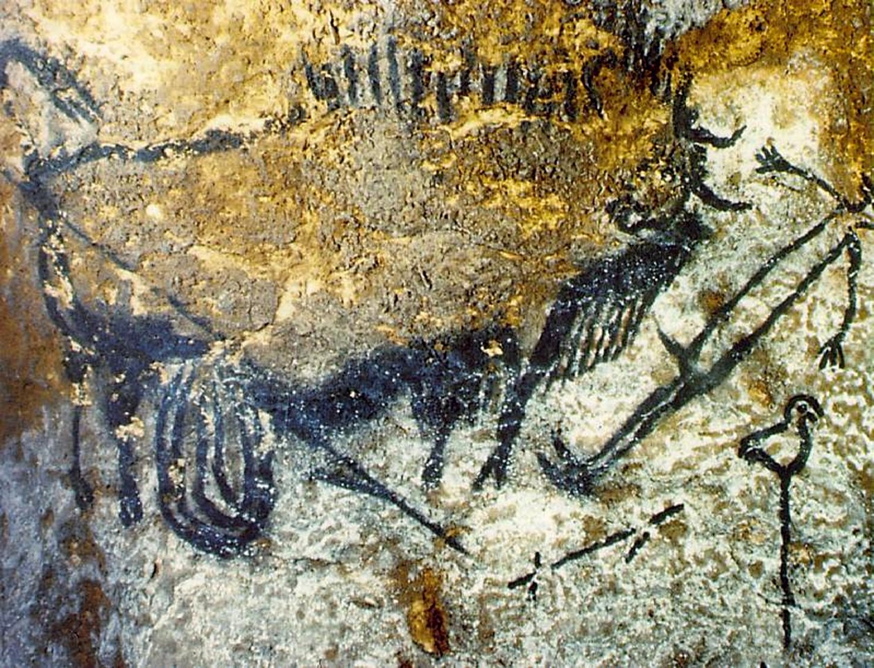 एक घायल बाइसन ने एक आदमी पर हमला किया, c.15,000-10,000 ईसा पूर्व (पत्थर पर रंजक) द्वारा प्रागैतिहासिक