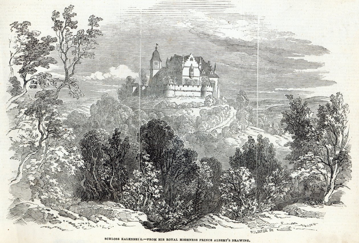 16 अगस्त 1845 को &39;द इलस्ट्रेटेड लंदन न्यूज&39; से डब्ल्यूजे लिंटन द्वारा उत्कीर्ण श्लॉस कलेंबर्ग द्वारा सक्से कोबर्ग और गोथा के राजकुमार अल्बर्ट