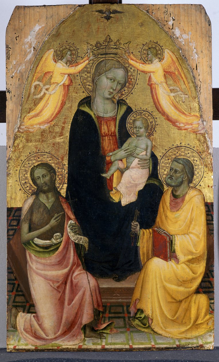 मैडोना और चाइल्ड को दो एन्जिल्स, जॉन द बैपटिस्ट और प्रेरित पीटर, c.1410-20 (पोपलर वुड पर तमाशा) द्वारा ताज पहनाया गया। द्वारा छद्म बाल्डेस छद्म बाल्डेस