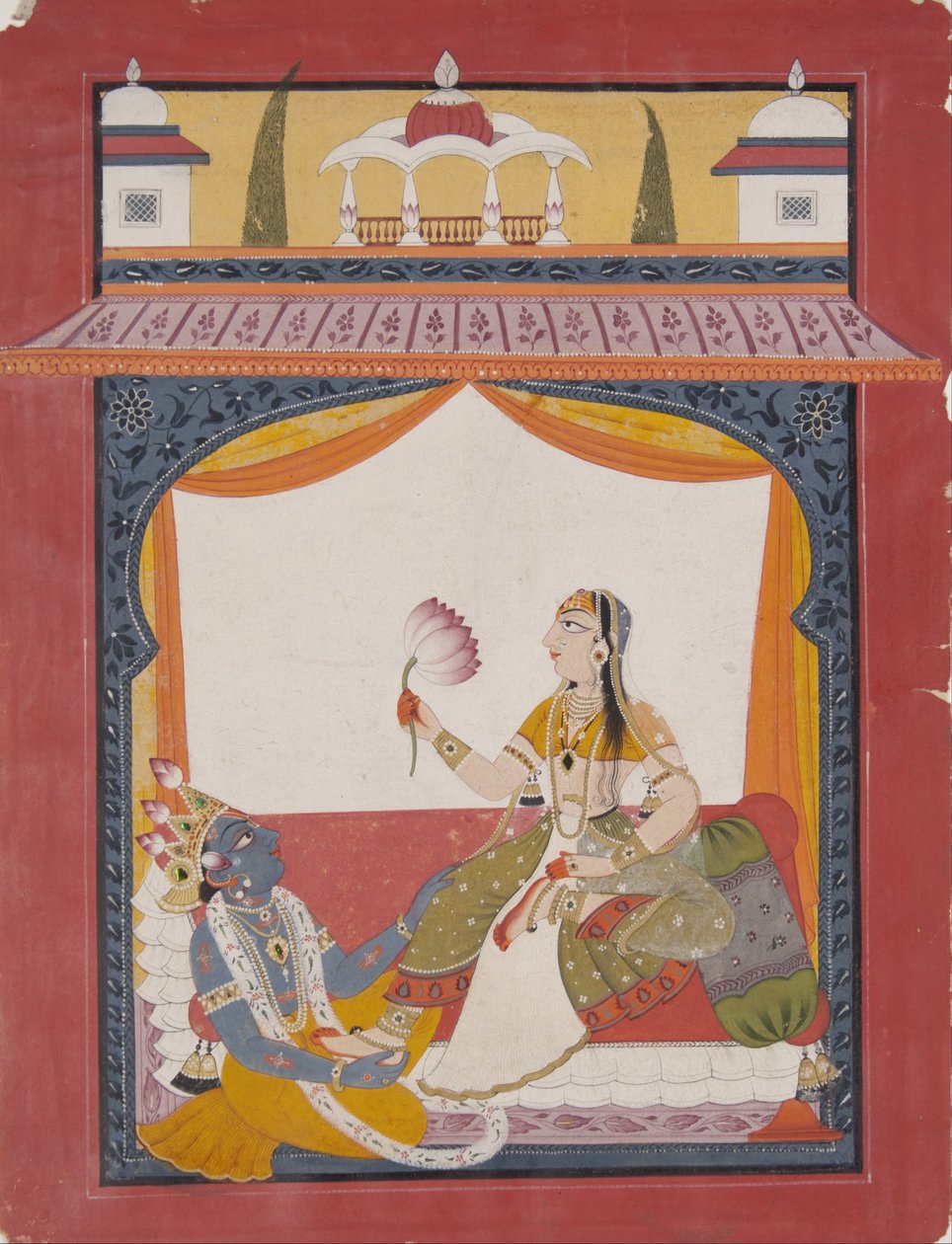 गीता गोविंदा से संभवतः एक दृश्य, राधा के पैरों की मालिश करते हुए कृष्ण द्वारा पंजाब हिल्स