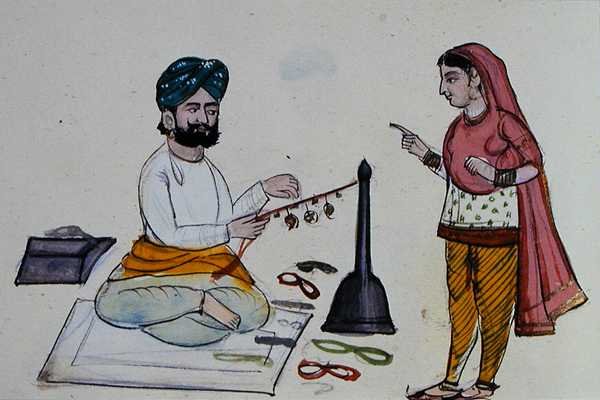 सिल्क ब्रैड मेकर, c.1890 (कागज पर पानी के रंग का) द्वारा पंजाबी स्कूल
