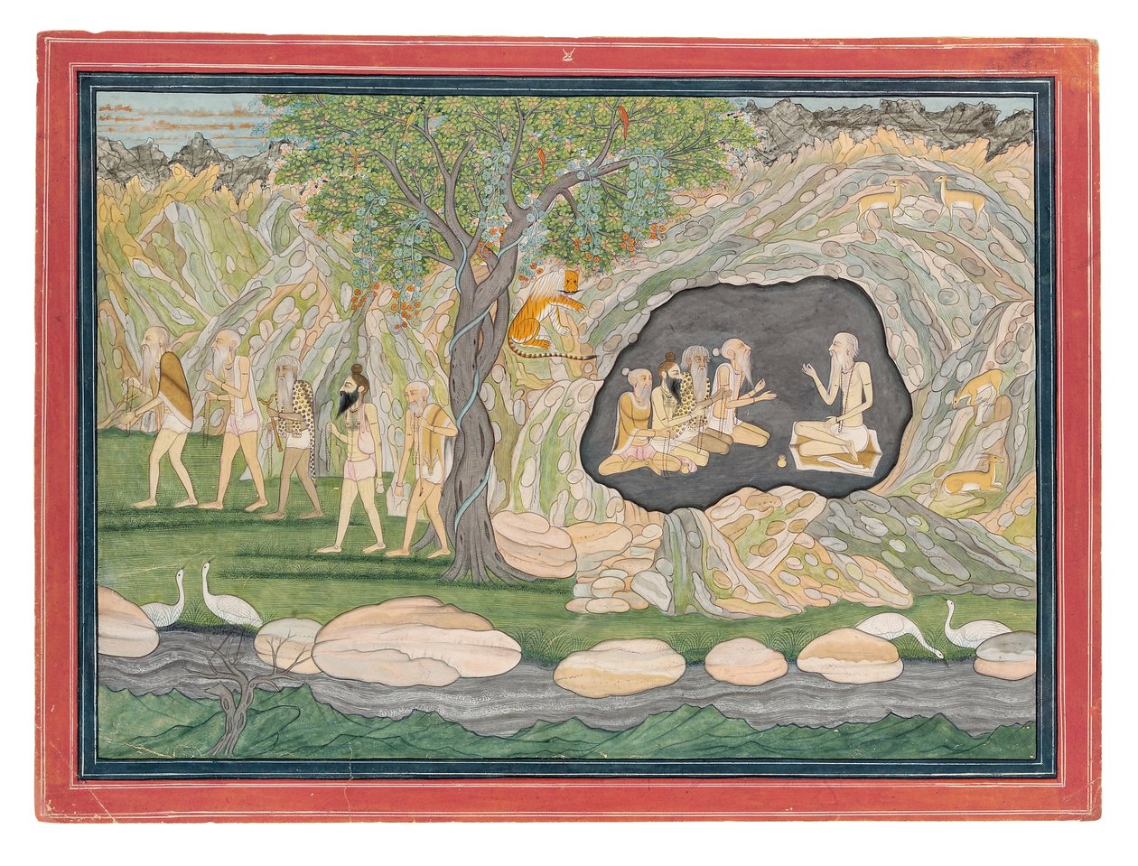 पाँच सिद्धों ने कैलाश पर्वत पर अपना रास्ता बनाया, c.1820 (कागज पर अपारदर्शी wc) द्वारा Purkhu