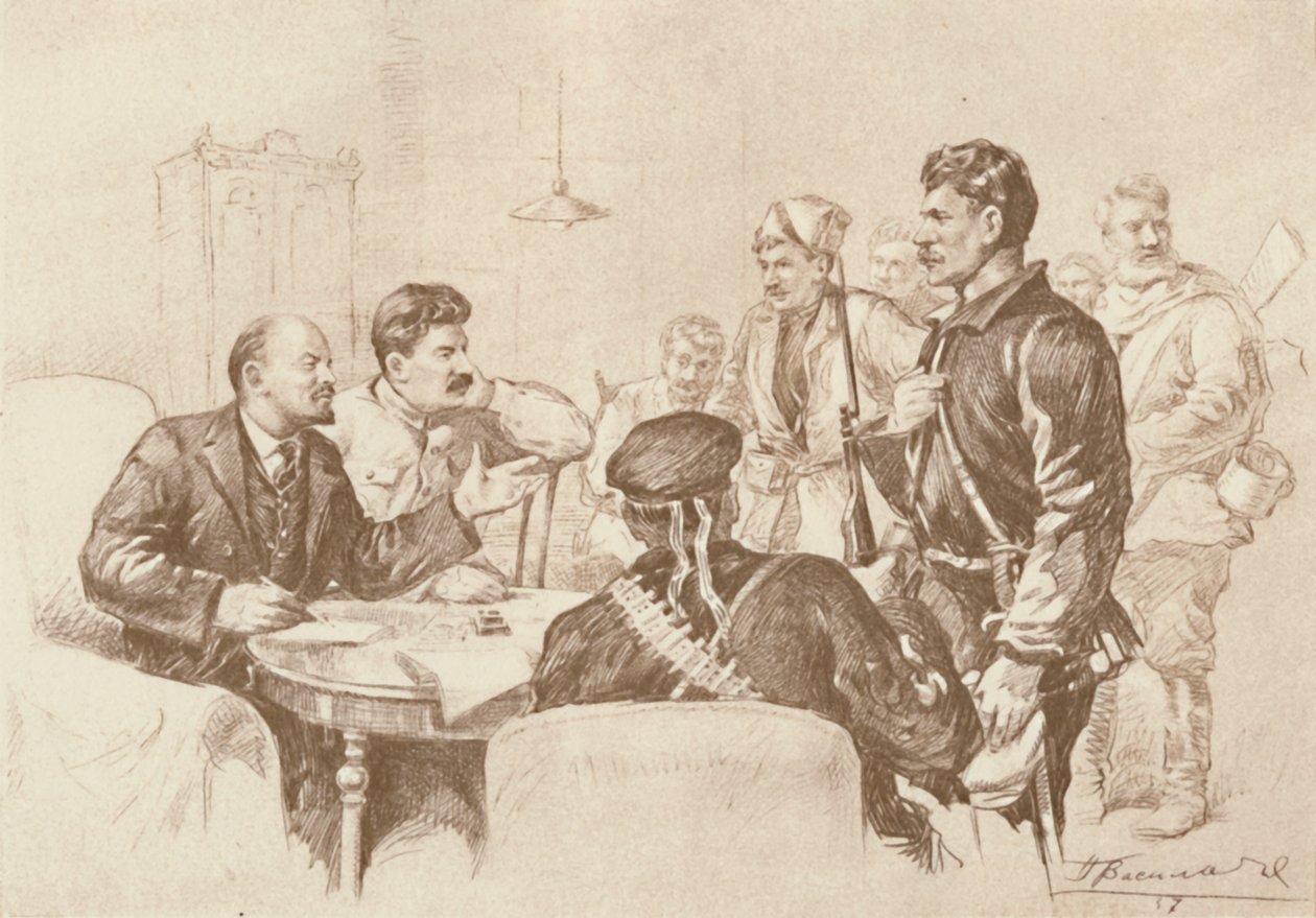 लेनिन और स्टालिन ने स्मॉलनी, 1917, 1939 में रेड गार्ड्स से बात की। द्वारा प्योत्र वसीलीव