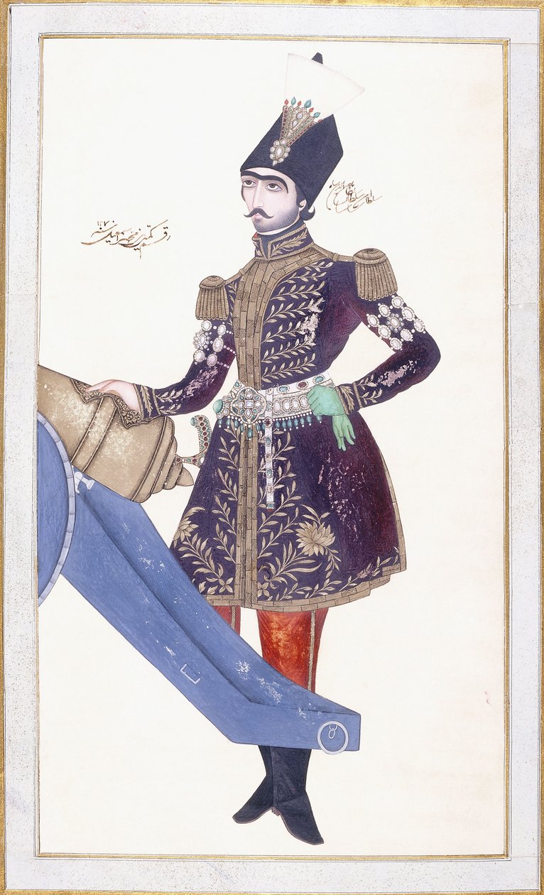 नासिर अल-दीन शाह का चित्र, एक तोप पर हाथ आराम करते हुए, सी। 1853-4 द्वारा कजर स्कूल