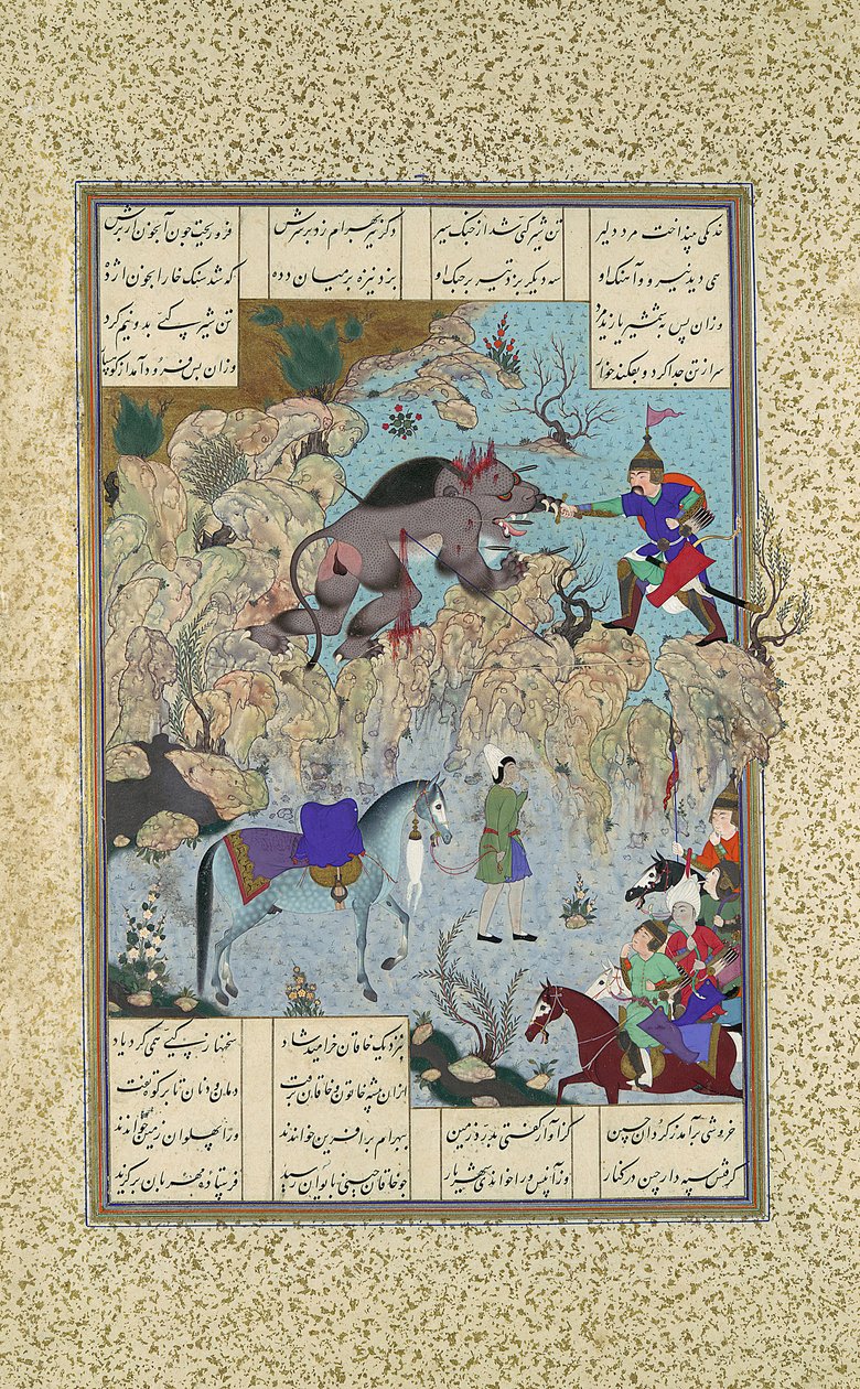 शाहनामा बुक ऑफ किंग्स से बहराम चुबिना शेर-एप, फोलियो 715 वी को मारता है ..., c1530-35 द्वारा कासिम इब्न अली