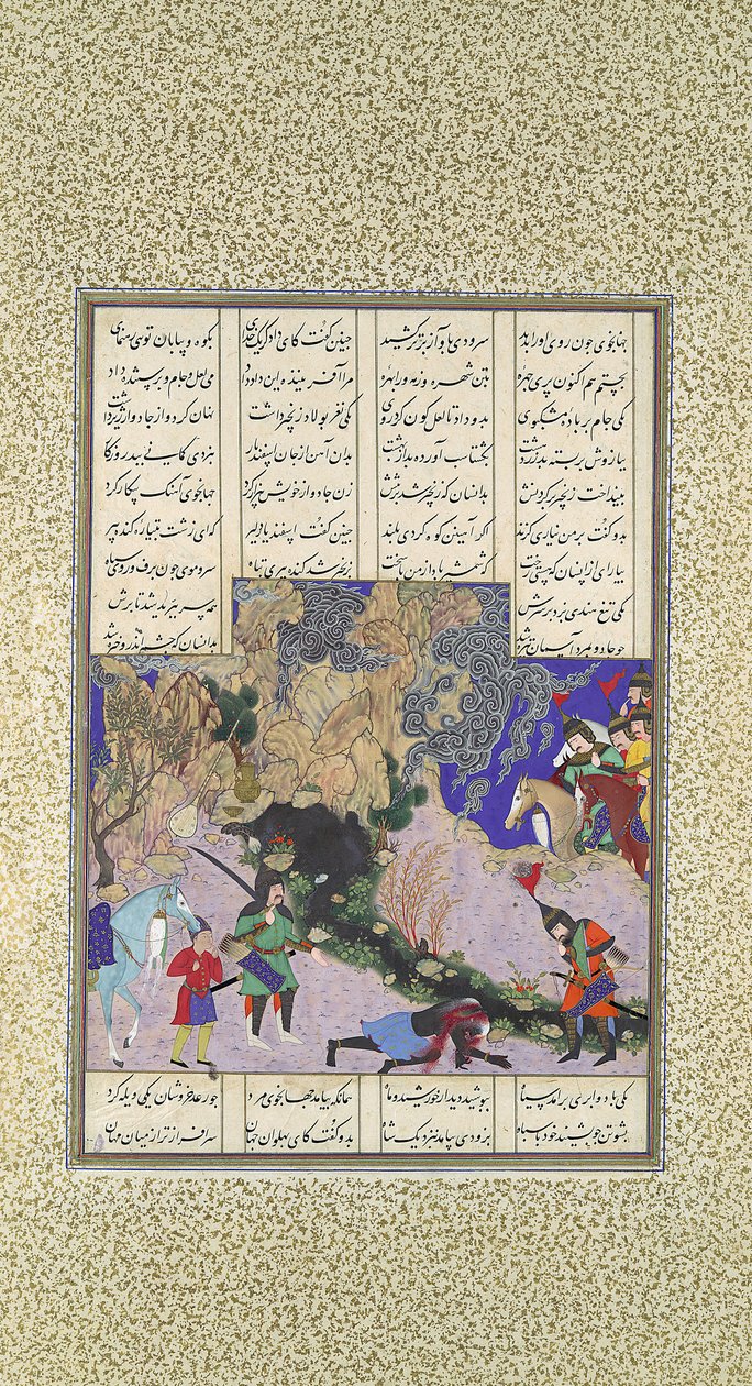 इसफंडियार का चौथा कोर्स: वह एक जादूगरनी को मारता है, शाहनामा से फोलियो 435v..., ca. 1525-30। द्वारा कासिम इब्न अली