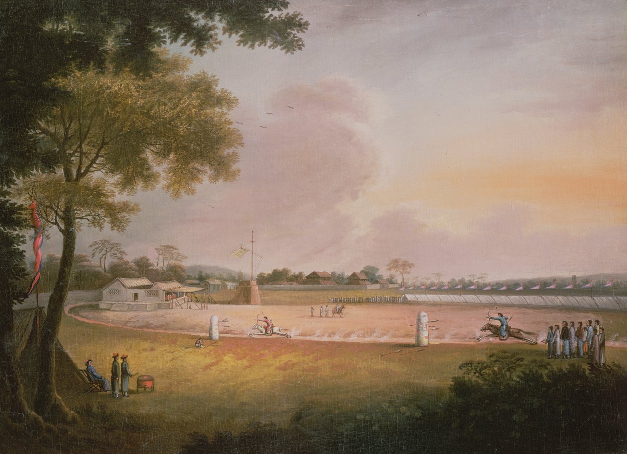 एक सैन्य प्रदर्शनी में एक घुड़सवारी तीरंदाजी टूर्नामेंट, c.1850 द्वारा किंग राजवंश चीनी स्कूल