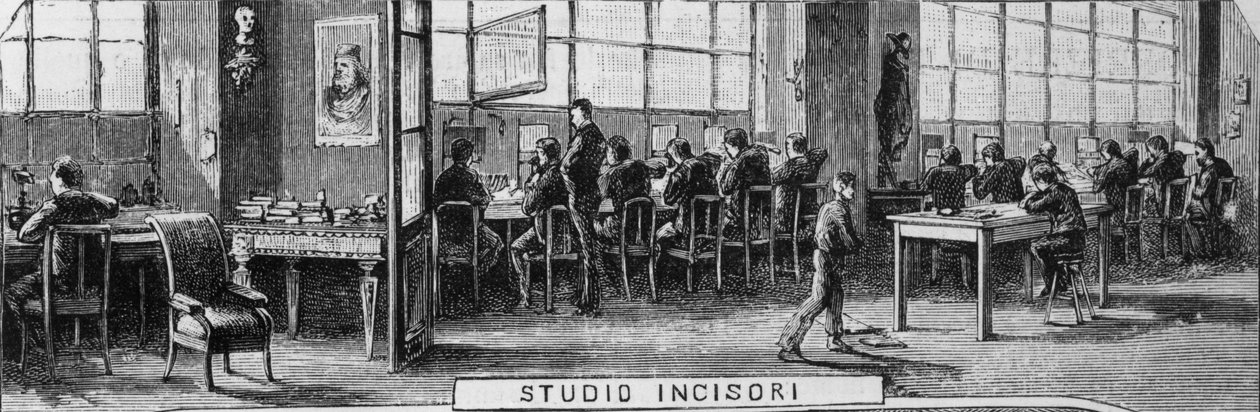 ट्रेव्स भाइयों के कार्यालय, उत्कीर्णन विभाग, मिलान, इटली, L'Illustrazione Italiana से क्विंटो सेनी (1845-1917) द्वारा चित्रण द्वारा क्विंटो सेनि