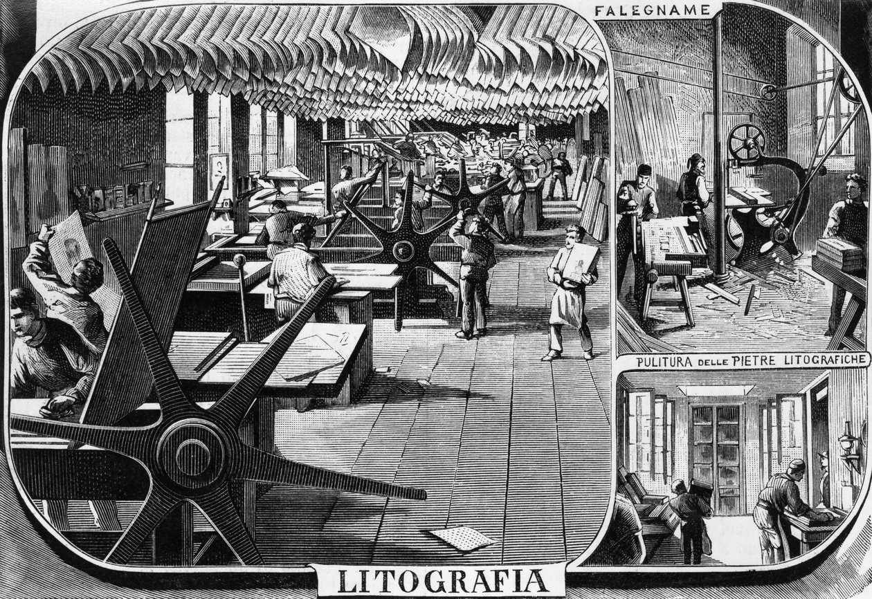 ट्रेव्स भाइयों के कार्यालय, लिथोग्राफ विभाग, मिलान, इटली, L'Illustrazione Italiana से क्विंटो सेनी (1845-1917) द्वारा चित्रण द्वारा क्विंटो सेनि