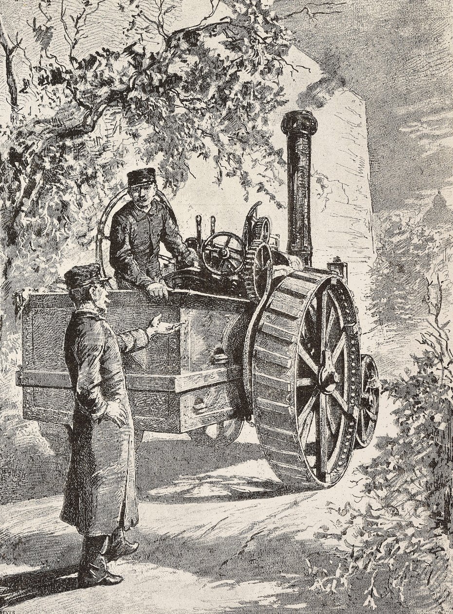रोड लोकोमोटिव पर दो इतालवी सैन्य इंजीनियर, अपनी नई वर्दी में, L'Illustrazione Italiana से क्विंटो सेनी द्वारा ड्राइंग से उत्कीर्ण, वर्ष 12, संख्या 47, 22 नवंबर द्वारा क्विंटो सेनि