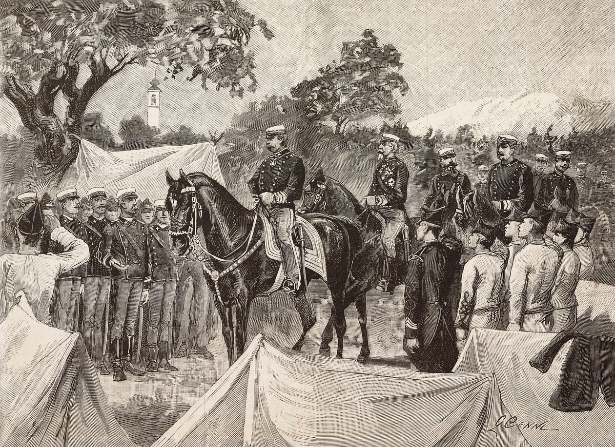 अम्बर्टो I (1844-1900), इटली के राजा, कुछ अधिकारियों के साथ, सैन्य शिविरों का दौरा, 11 सितंबर द्वारा क्विंटो सेनि
