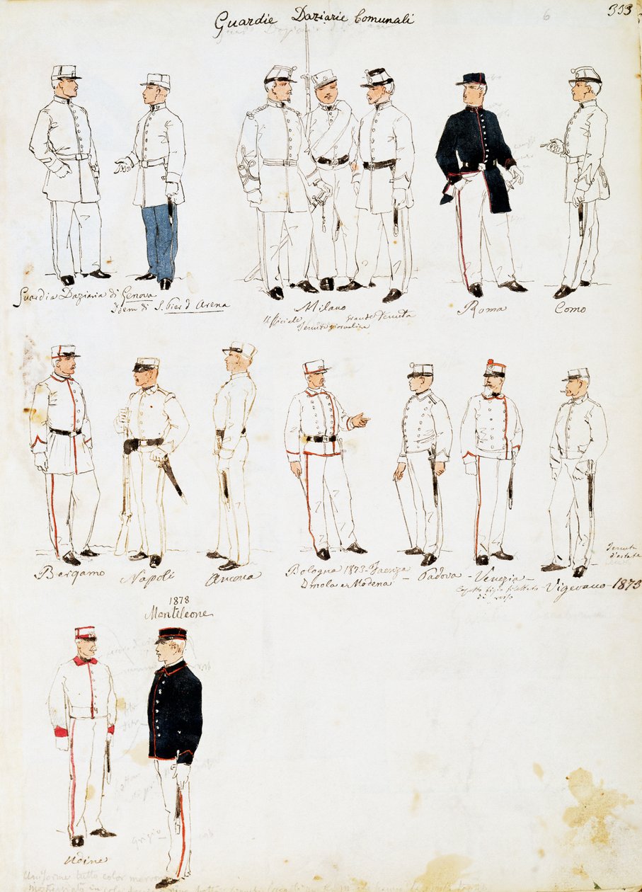 1873-1878 के बीच किंगडम ऑफ इटली के कस्टम गार्ड की वर्दी, सेनी कोडेक्स की प्लेट, जल रंग में सैन्य रेखाचित्रों का संग्रह द्वारा क्विंटो सेनि