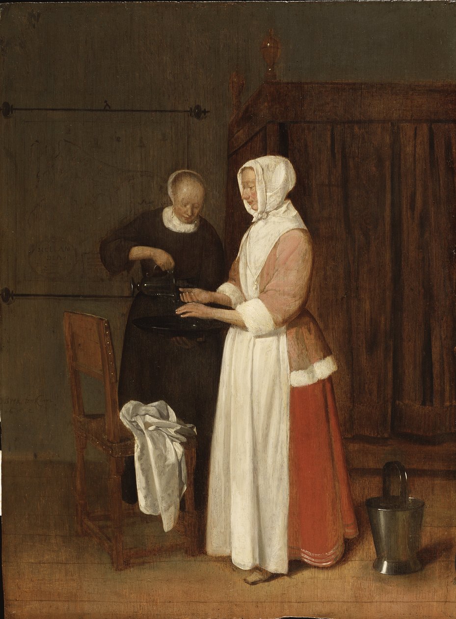 Une femme lave ses मेंस - एक महिला अपने हाथ धो रही है, Brekelenkam द्वारा, Quiringh van (ca 1622-ca 1669)। लकड़ी पर तेल द्वारा क्वेरिंग गेरिट्स। वैन ब्रेकेलेनकम