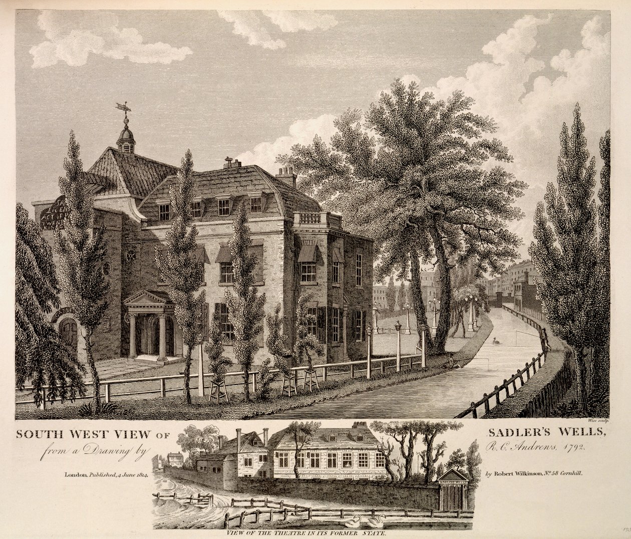 1792 में सदर के वेल्स का साउथ वेस्ट व्यू, अपने पूर्व राज्य 1814 में थिएटर के एक दृश्य के साथ द्वारा आरसी एंड्रयूज