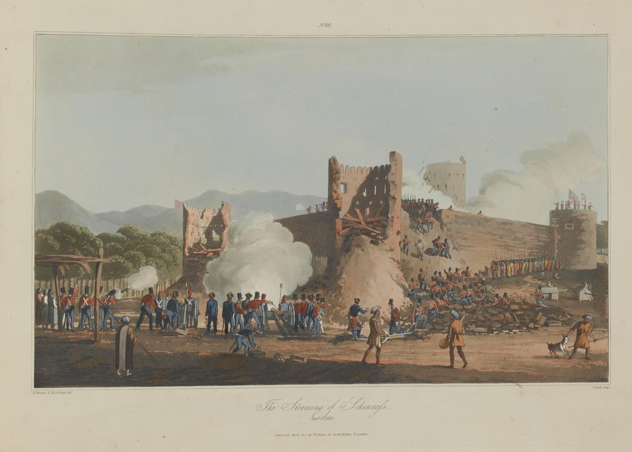 द स्टॉर्मिंग ऑफ़ शिनास, 3 जनवरी 1810, आई. क्लार्क द्वारा उकेरा गया द्वारा आर। (बाद) मंदिर