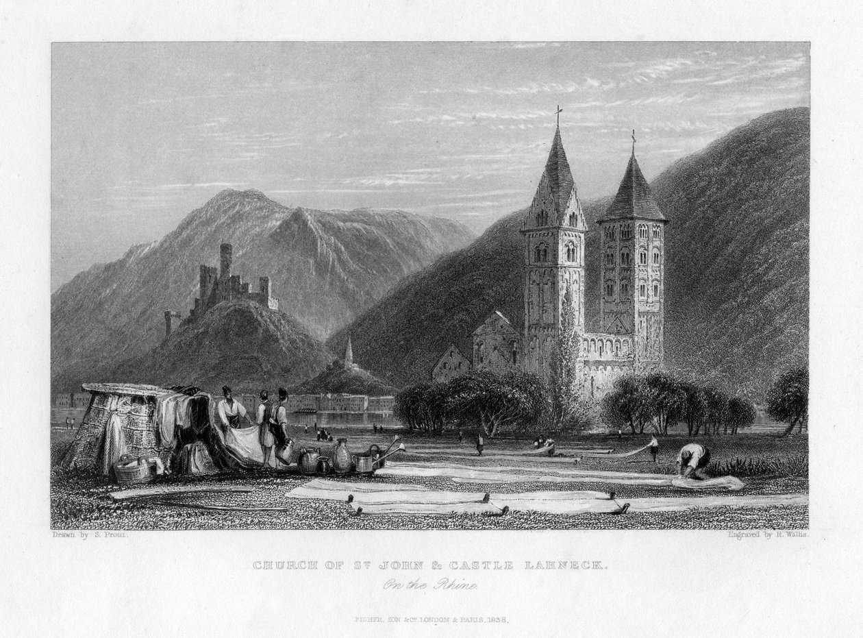1838 में राइन पर चर्च ऑफ सेंट जॉन और कैसल लाहेक द्वारा आर। वालिस