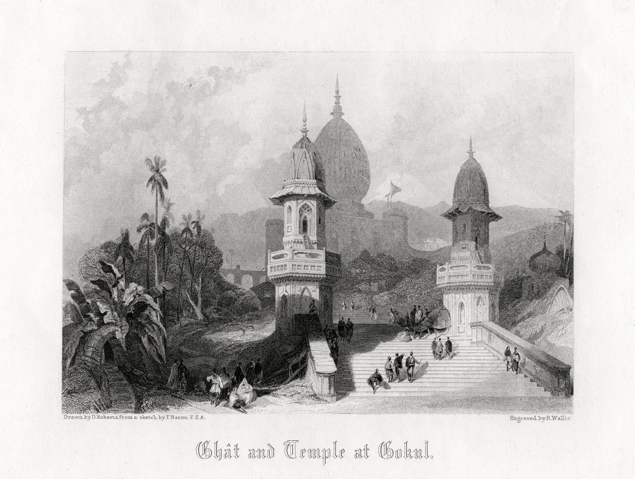 गोकुल में घाट और मंदिर, भारत, c1838। द्वारा आर। वालिस