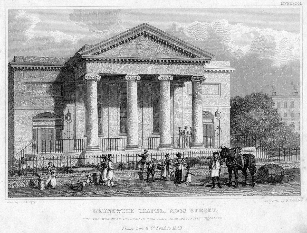 ब्रंसविक चैपल, मॉस स्ट्रीट, लिवरपूल, 1829। द्वारा आर। विंकल्स