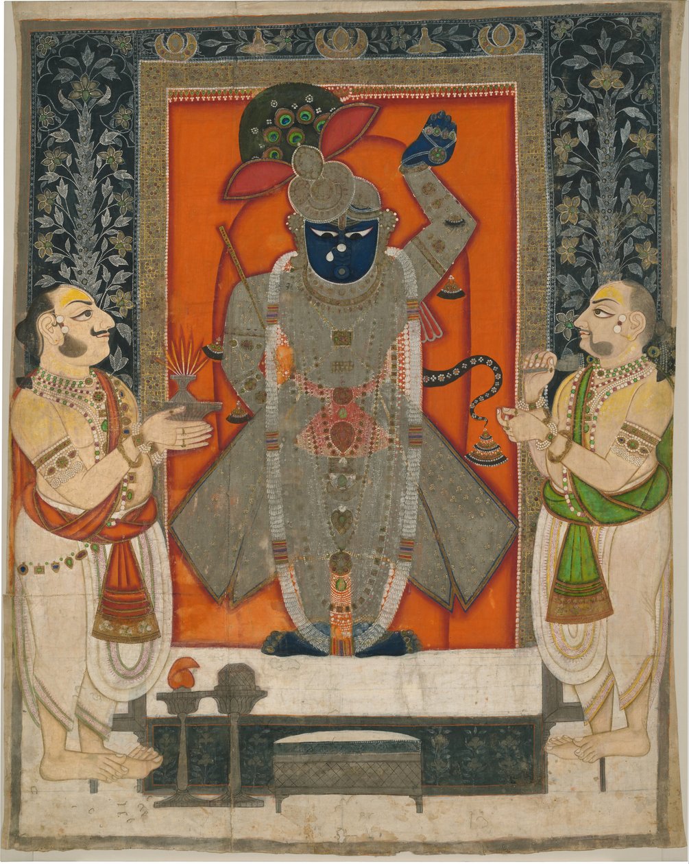 खाद्य पर्व [अन्नकूट utsava] के लिए श्रीनाथजी के रूप में कृष्ण की पूजा करने वाले पुजारी; तीर्थ स्थान [पिछवाई] द्वारा राजस्थान कोटा स्कूल