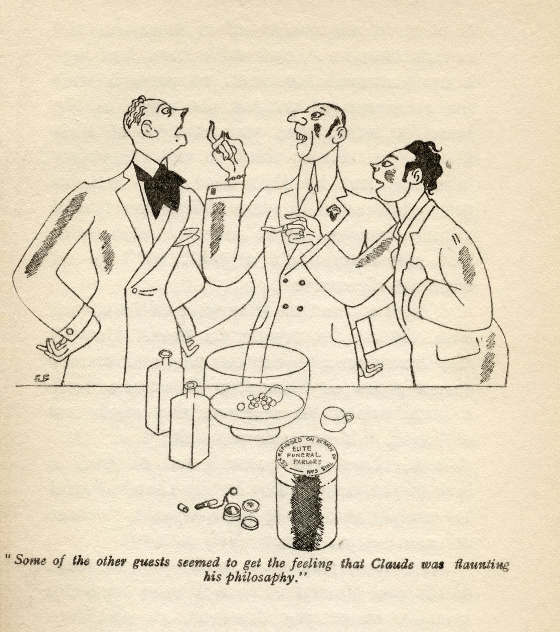 1928 में प्रकाशित अनीता लोस द्वारा &39;बट जेंट्स मैरिज ब्रूनेट्स&39; के चित्रण से कुछ अन्य मेहमानों को लग रहा था कि क्लॉड उनके दर्शन की झलक दिखा रहे हैं। द्वारा राल्फ बार्टन