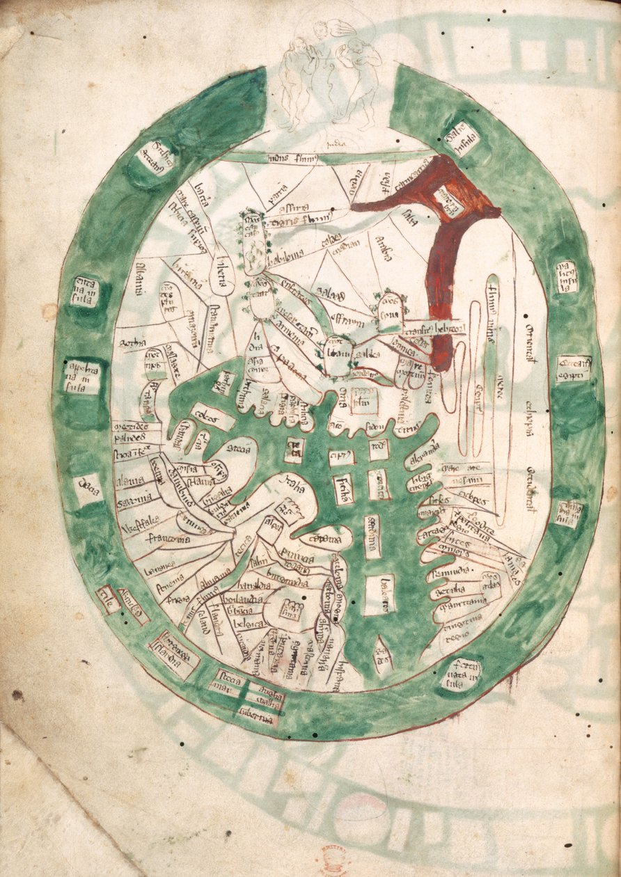 विश्व का मानचित्र, f.2v, पॉलीक्रोनिकॉन से, लगभग 1400 (वेल्लम) द्वारा रानुल हिग्डेन