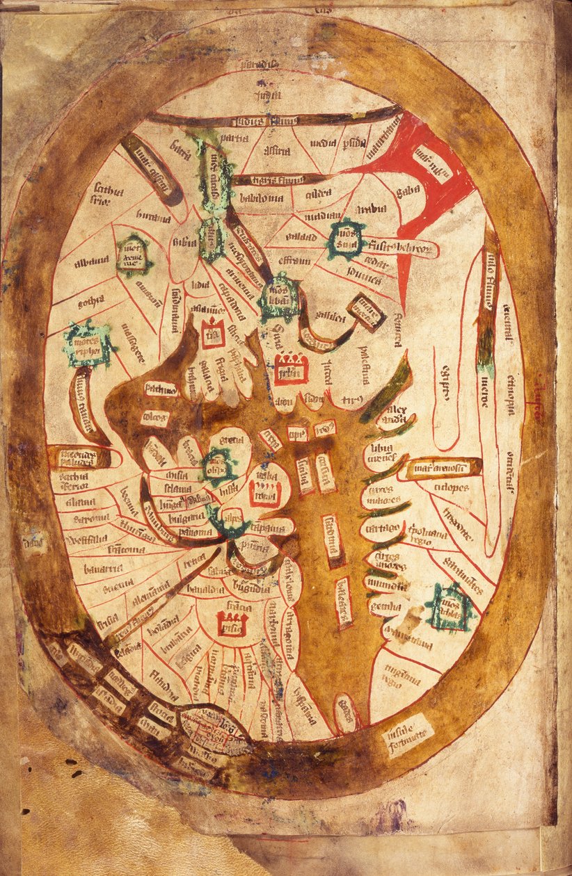 Ms.89 Higden fol.13v विश्व का नक्शा (वेल्लम पर स्याही) द्वारा रानुल हिग्डेन